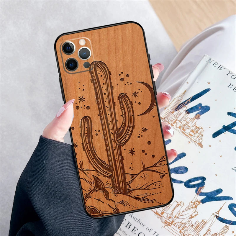 Tree rose skull cactus wood phone case for iphone 15 16 pro max 11 12 13 mini 14 xr plus 16e cover coque - 88269