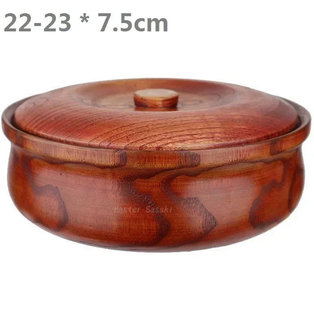 Solid wooden bowl with lid wooden salad reusable serving for salad fruits cereal soup rice everyday use durable - 22-23