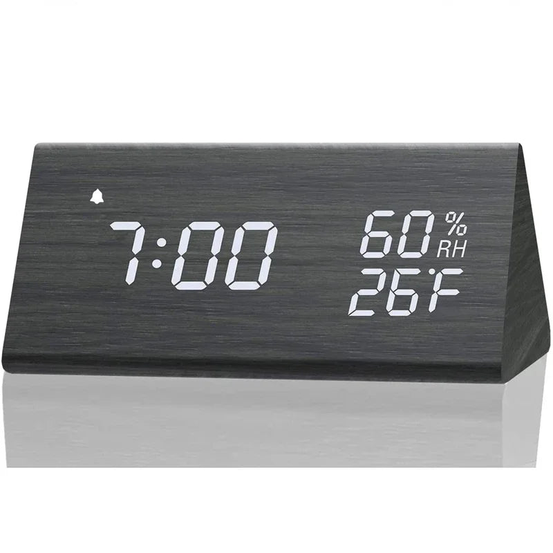 Wooden alarm clock led time display usb charger humidity and temperature detection digital for bedside table - black