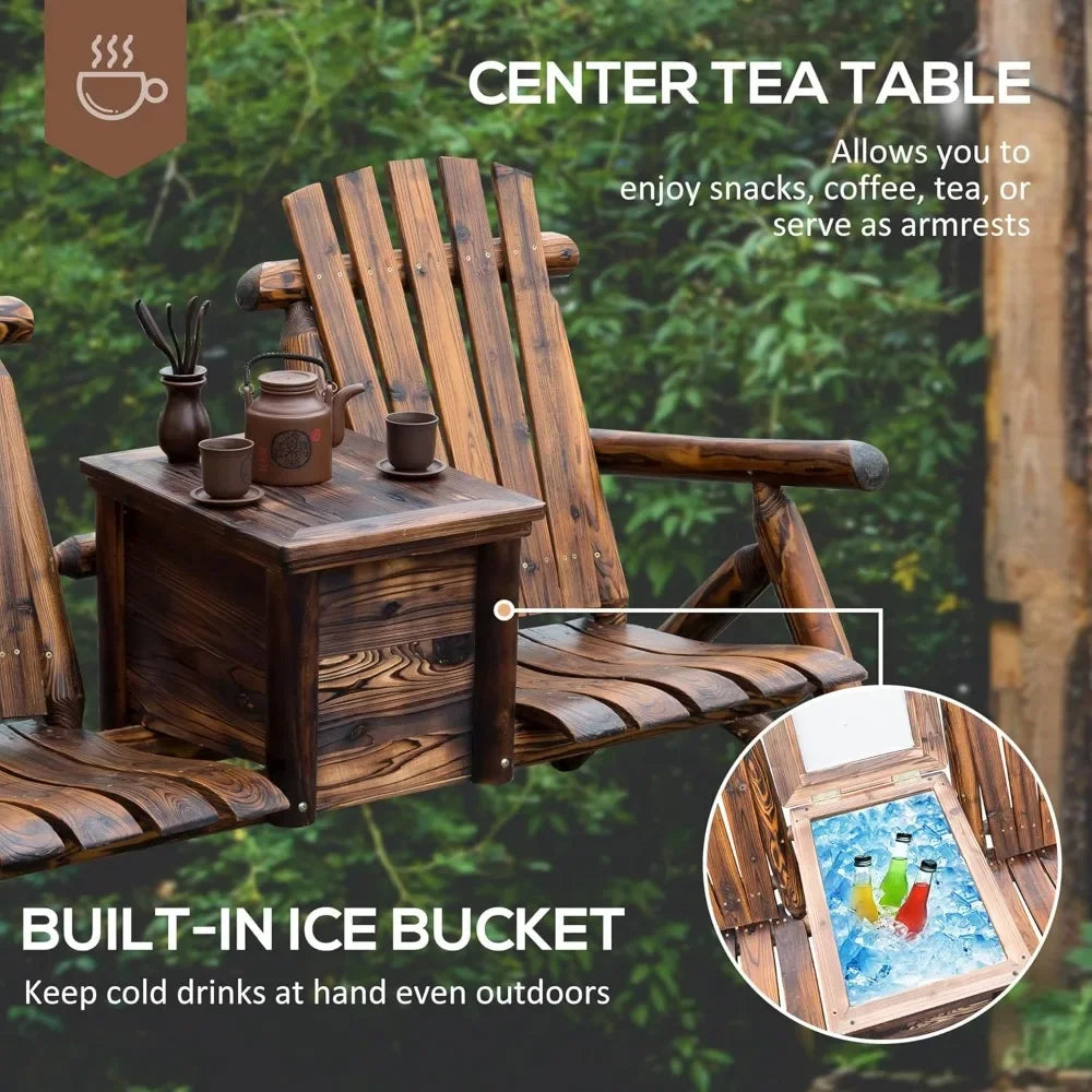 Double wooden adirondack chair with built-in ice bucket. Outdoor loveseat high backrest for patio garden & poolside.