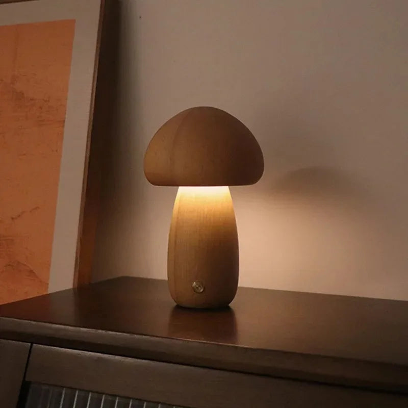 Wooden mushroom lamp portable cordless rechargeable battery operated lamp,stepless dimming night light for birthday