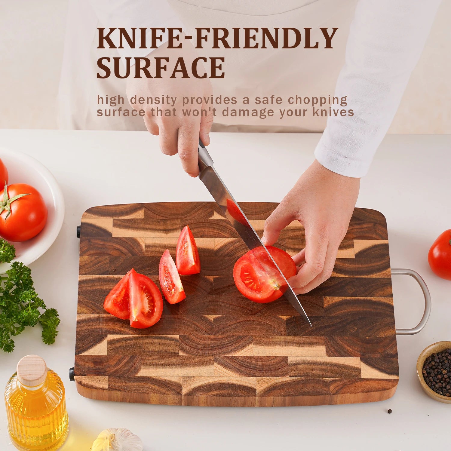 End grain butcher block premium acacia wood cutting board chopping for kitchen with handle - 395x249x25mm