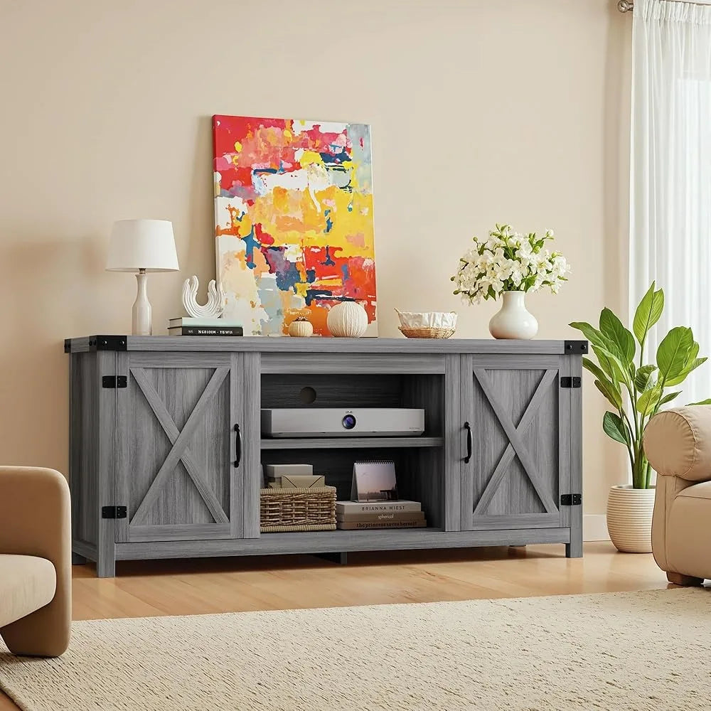 Tv stand with two barn doors and storage cabinets for televisions up to 65+ inch,entertainment center console table