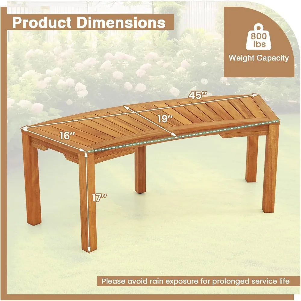 Moccha outdoor curved bench acacia wood fire pit w/slatted seat loveseat outside chair patio backless 2-person seating