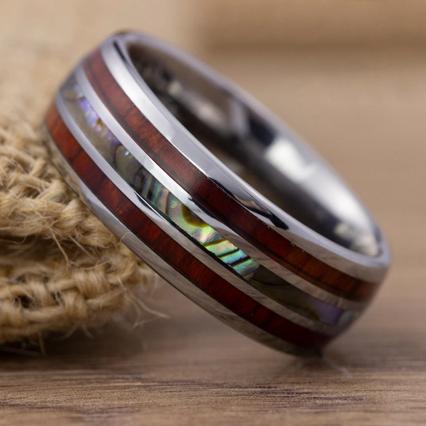 Fashion hammered stainless steel rings for men deer antler and koa wood inlay whiskey barrel wedding engagement jewelry