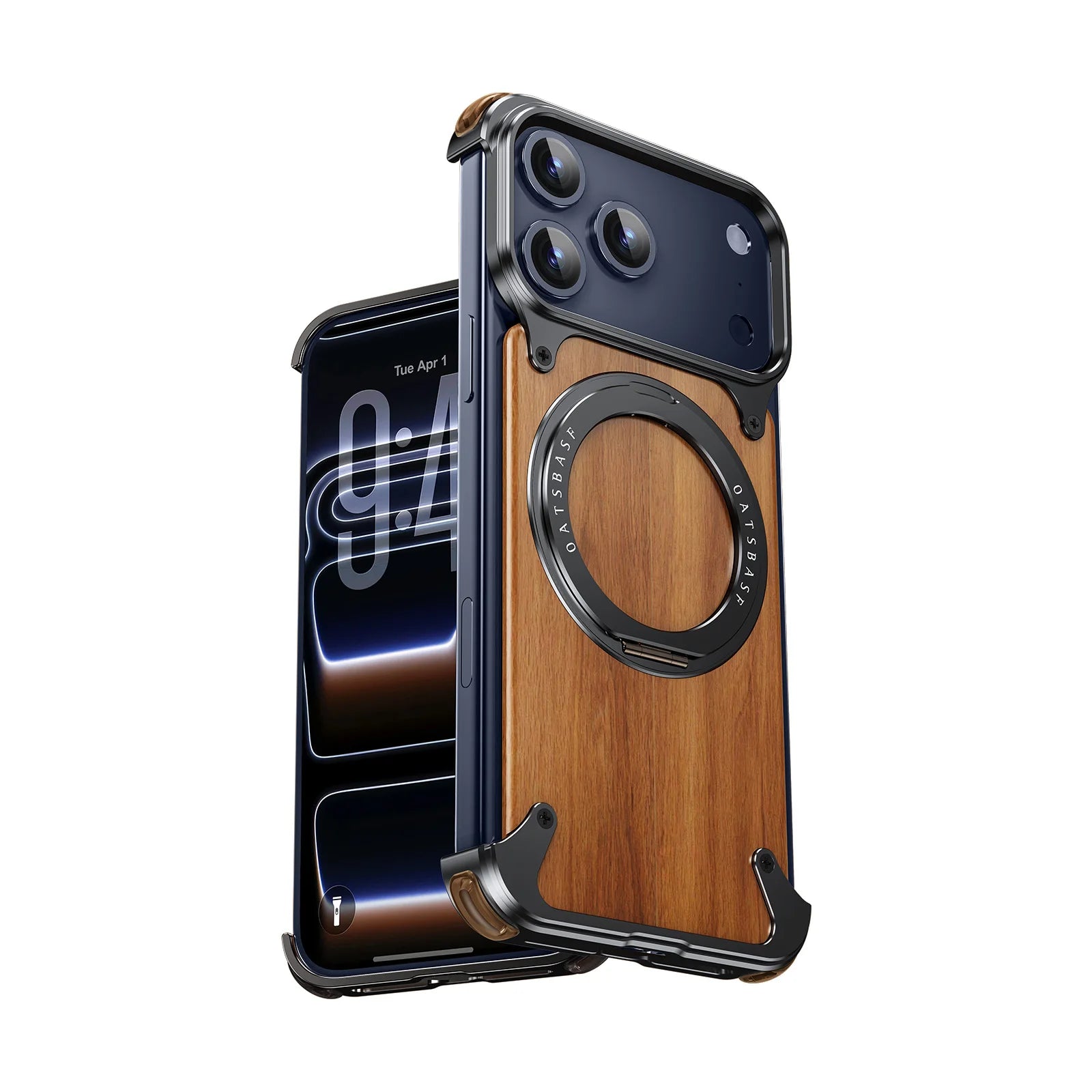 Oatsbasf solid wooden phone case for iphone 17 pro max/air/16 with stand 360° rotatable magnetic shockproof protective