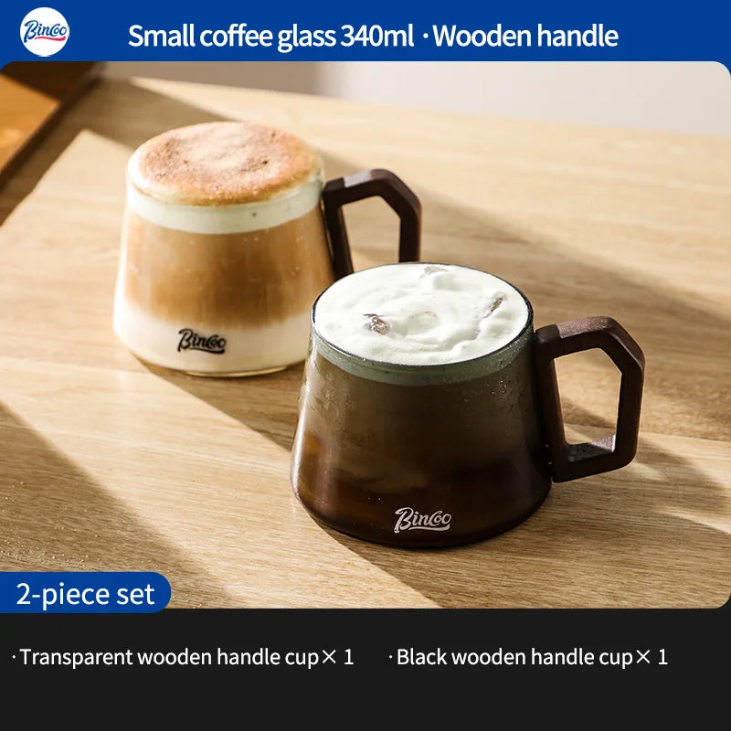 Bincoo 340ml transparent heat-resistant espresso cup glass coffee mug with wood handle cappuccino latte tea water cups