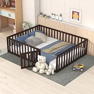 Harper & bright designs queen size floor bed with rails montessori wood frame fence and door for - united states