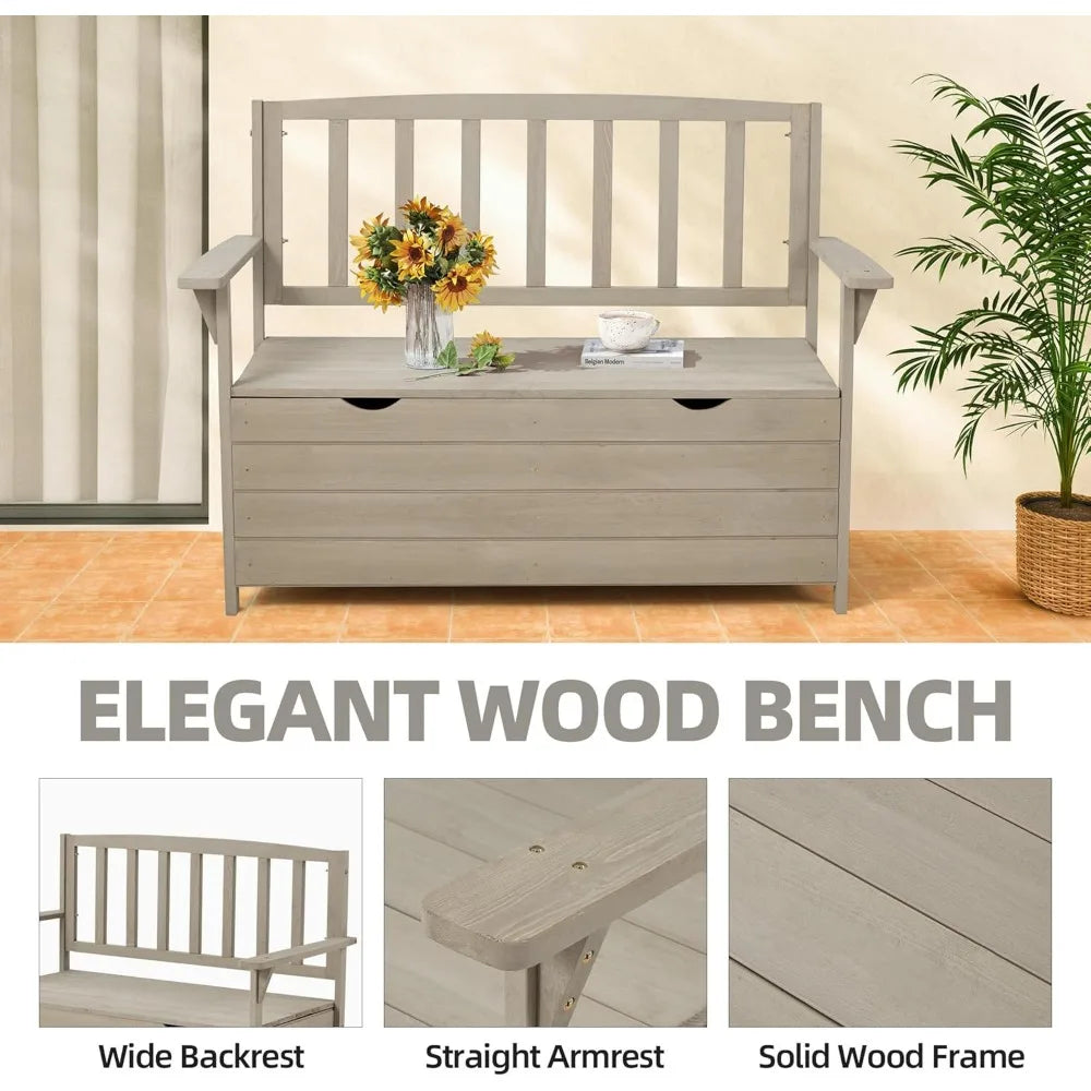 Outdoor storage bench wooden garden weatherproof patio benches for outside 2-seat front porch park - standard