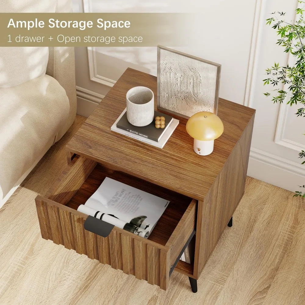 Contemporary fluted nightstand: natural wood with drawer and open shelf - united states / brown