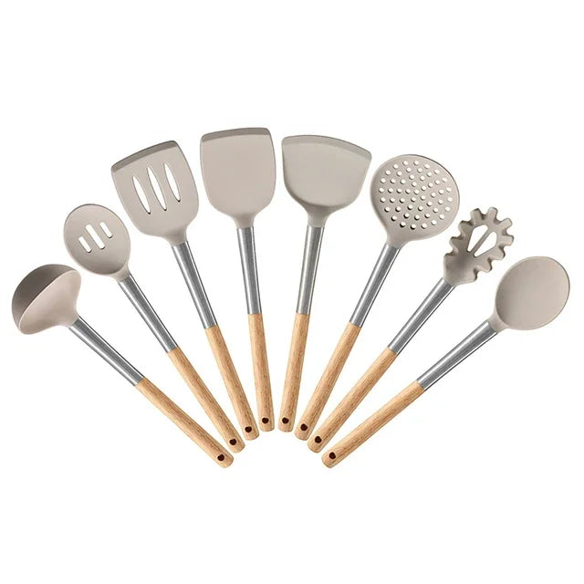 8pcs silicone kitchenware set non-stick wooden handle kitchen utensils anti slip spatula shovel spoon spaghetti claw