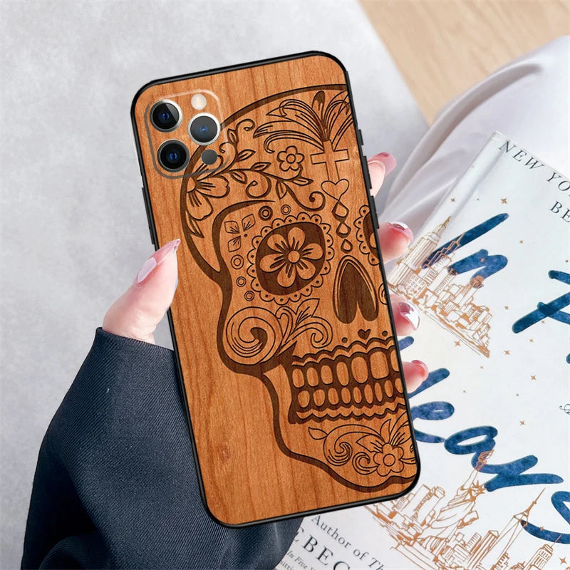 Tree rose skull cactus wood phone case for iphone 15 16 pro max 11 12 13 mini 14 xr plus 16e cover coque - 88591