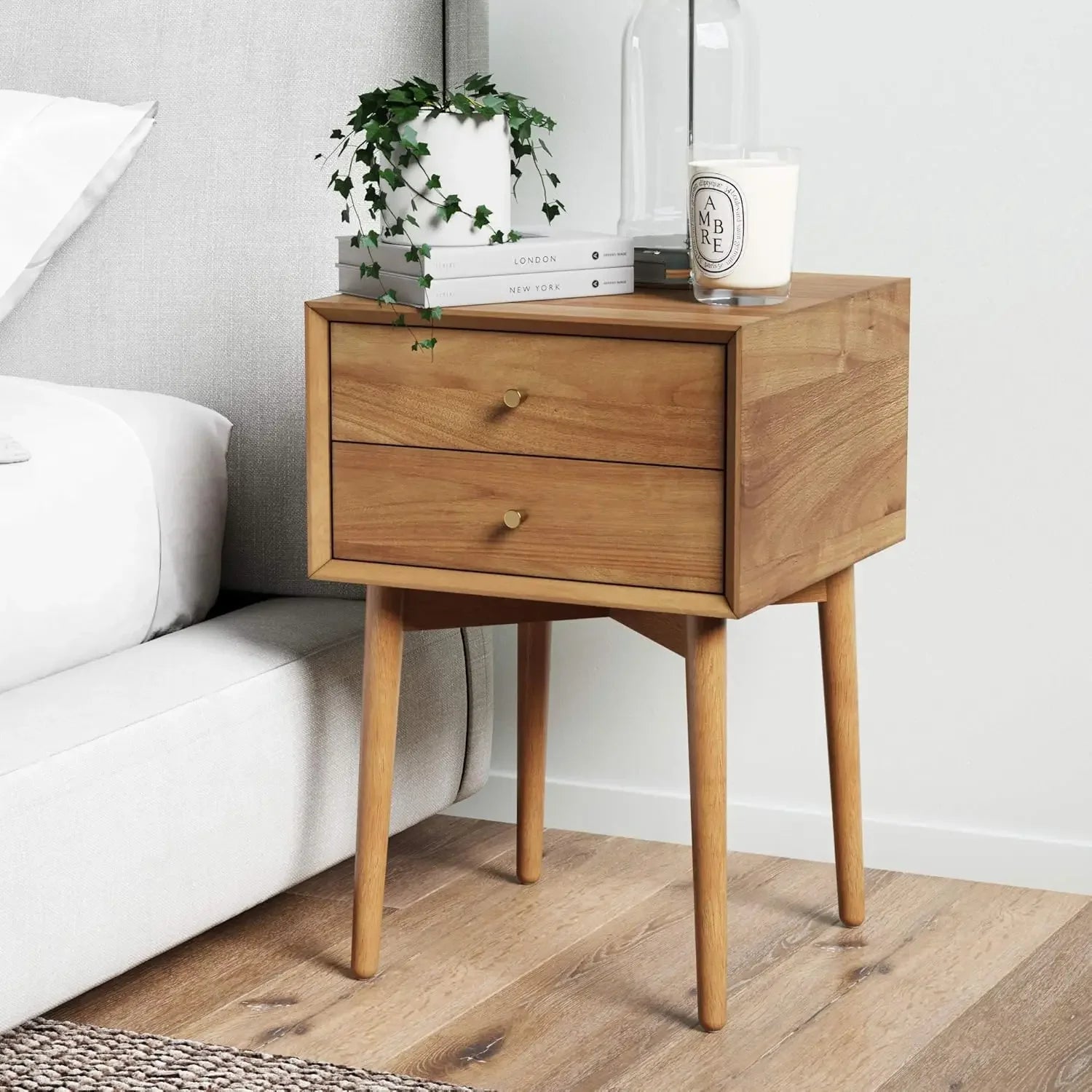 Harper mid-century oak wood nightstand with drawers small side end table storage - brown-1 / united states