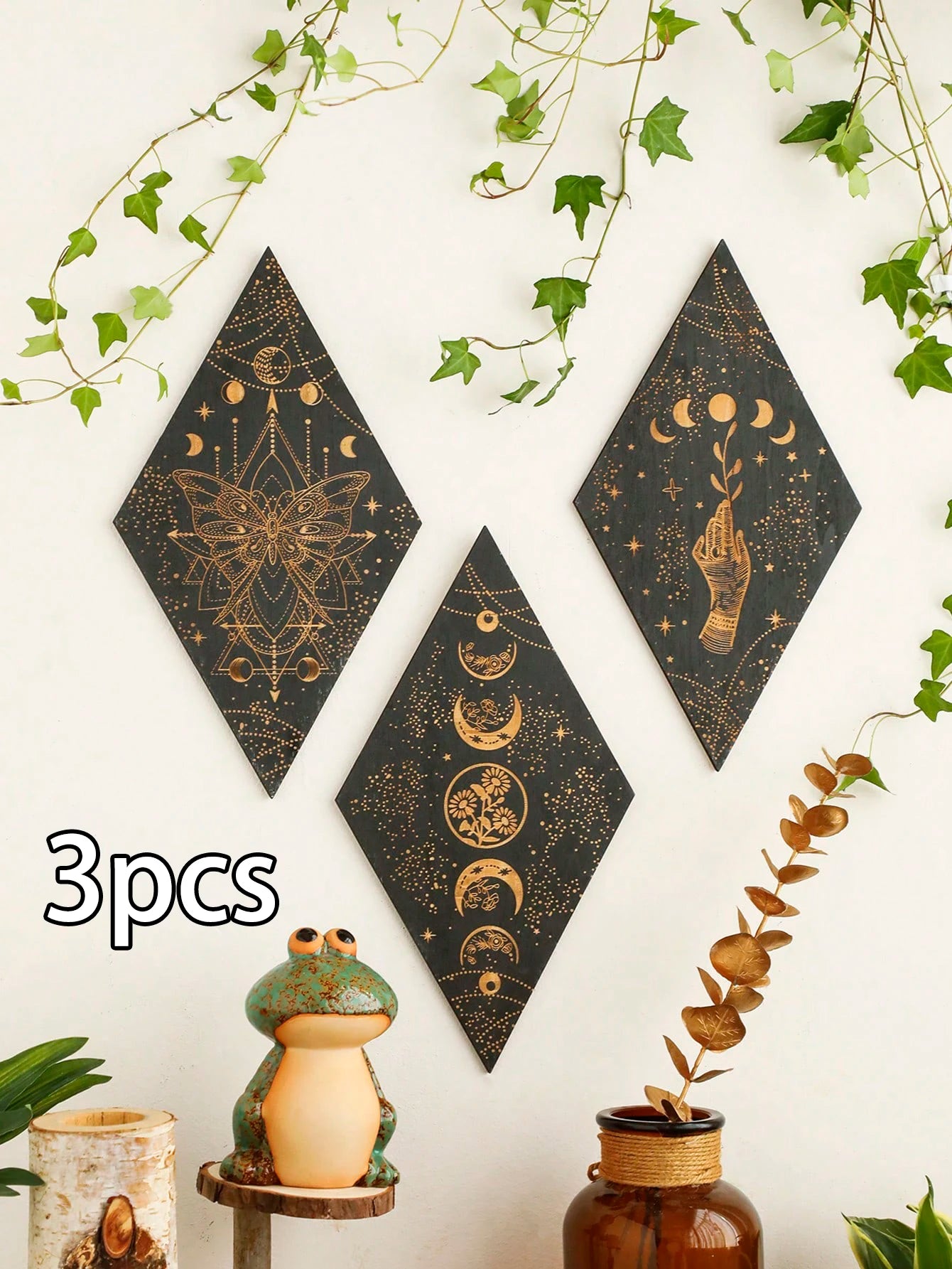 Black moon phase wooden wall decor rhomboid witch hanging art boho home decoration room decors aesthetic gift
