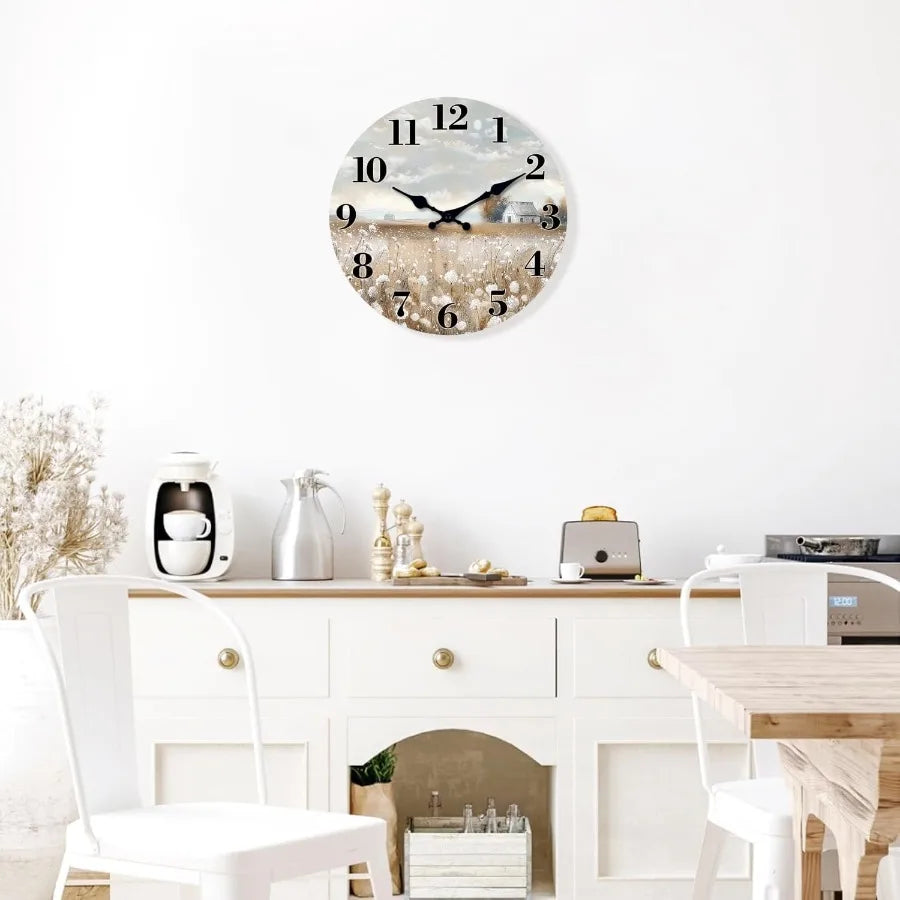 Farmhoe wall clock battery operated 10 inch silent nonticking wooden clocks country flower field for kitchen living
