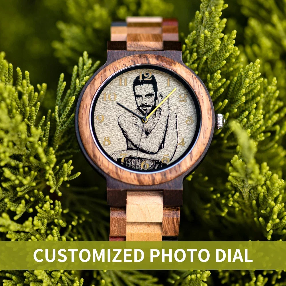 Bobo bird custom wooden watch personalized photo couple fashion casual gift for him anniversary present support