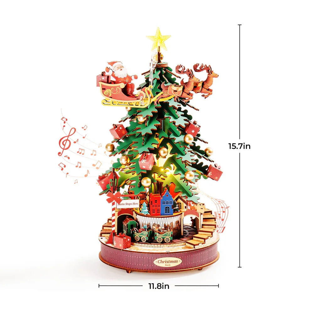Robotime rolife christmas melody tree music boxes 3d wooden puzzle with light perfect gifts for family easy assemble