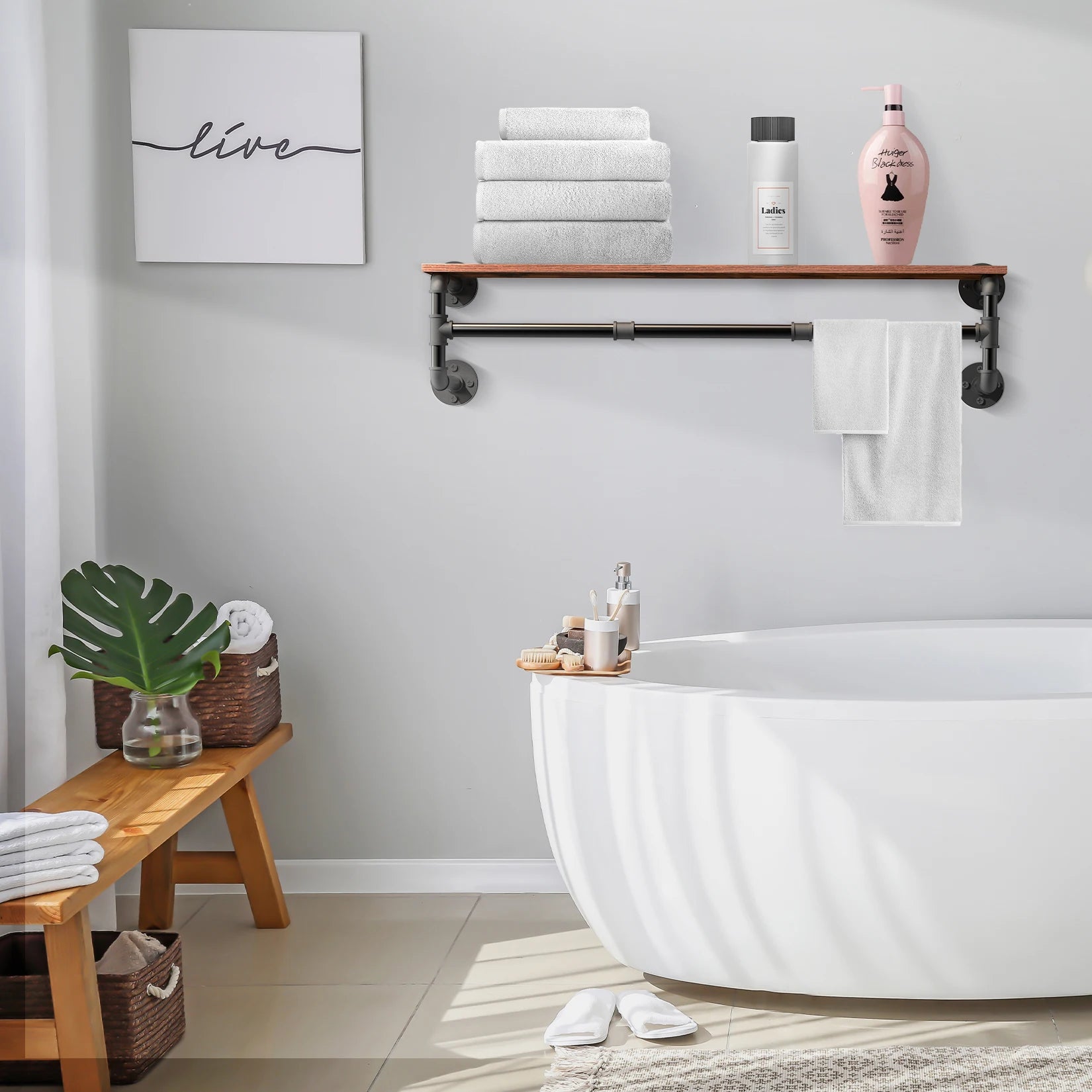 Industrial pipe clothes hanging rack with wood shelf wall mounted