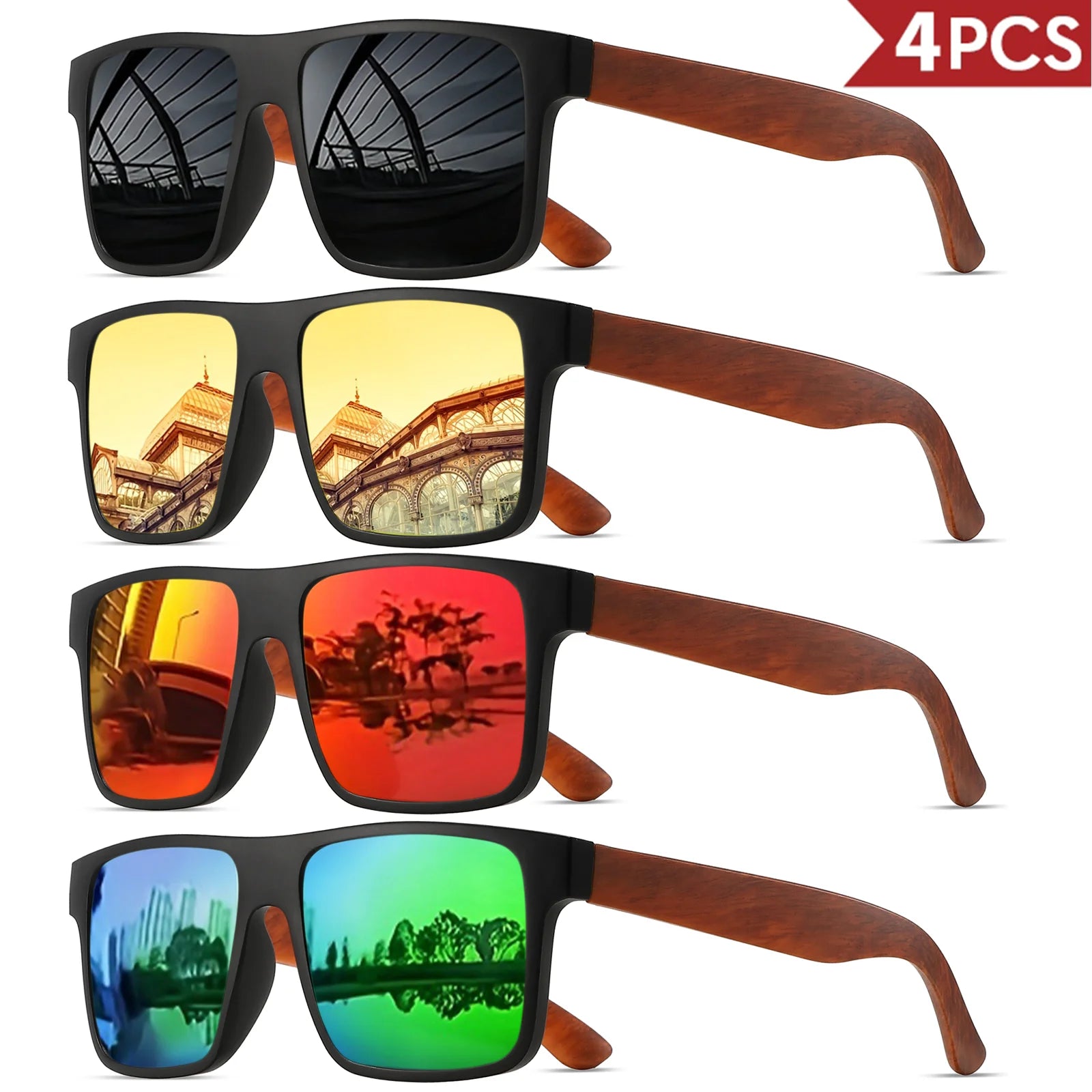 4pcs polarized retro square sunglasses - mahogany wood grain temples & spring hinges uv400 for driving/travel/outdoor