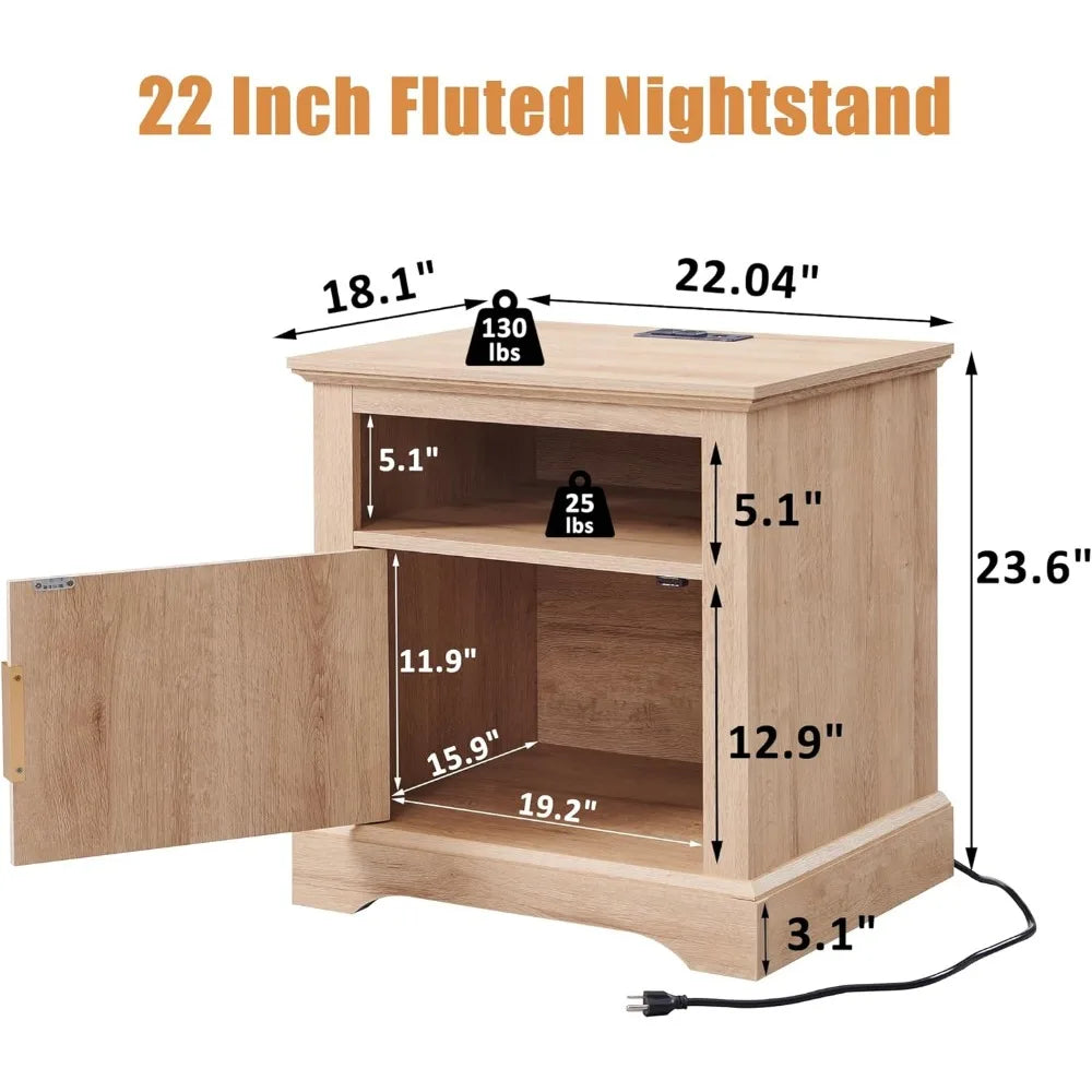 Fluted nightstand with charging station 22’’ large modern side table wood end w/open shelf & spacious tabletop bedside t