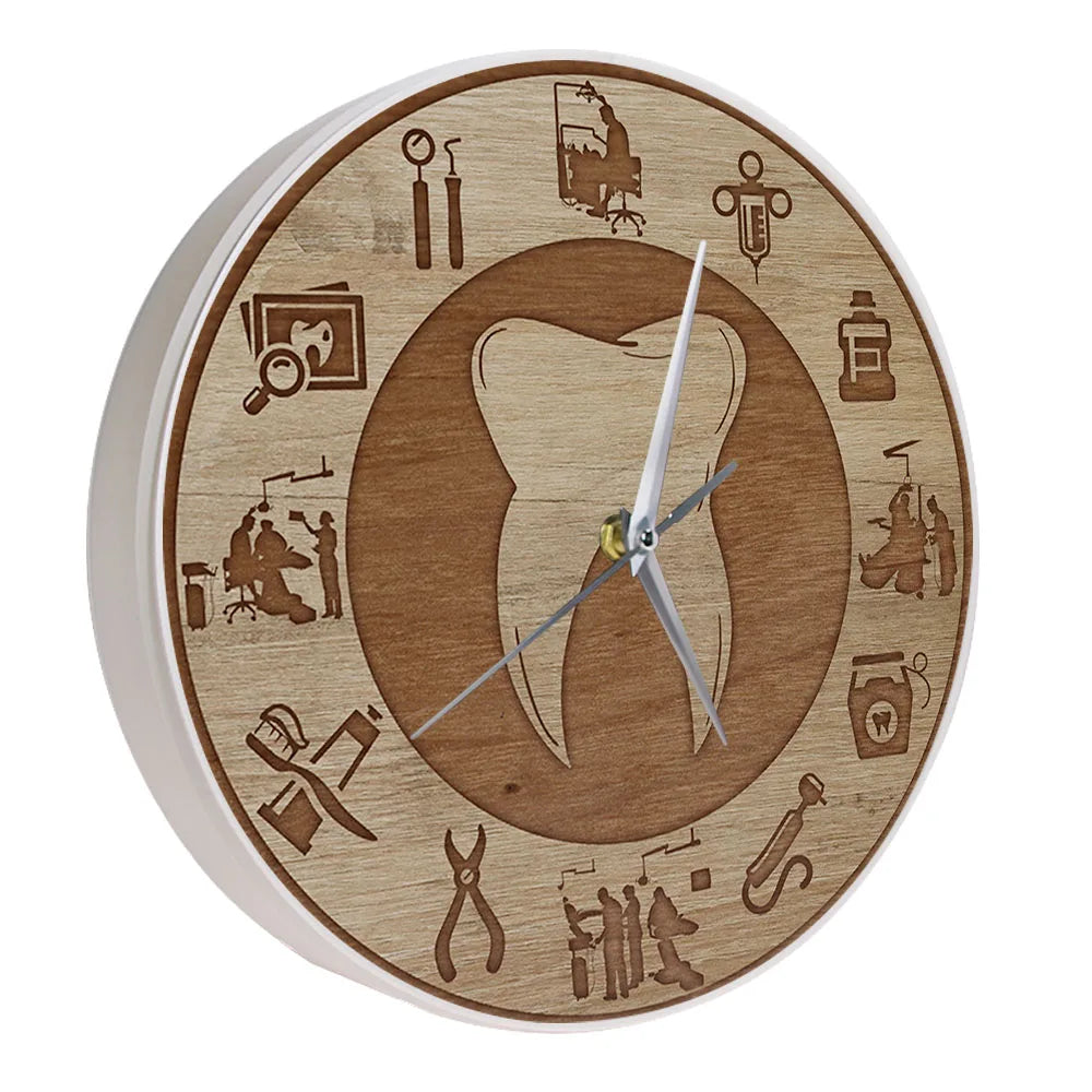 Dental design wood texture acrylic print wall clock silent move watch dentist clinic decor orthodontics art hygienist