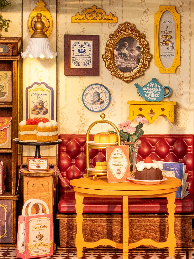 Robotime rolife diy miniature leisure time tea room dollhouse 3d wooden puzzle toys precolored wood home decor for women