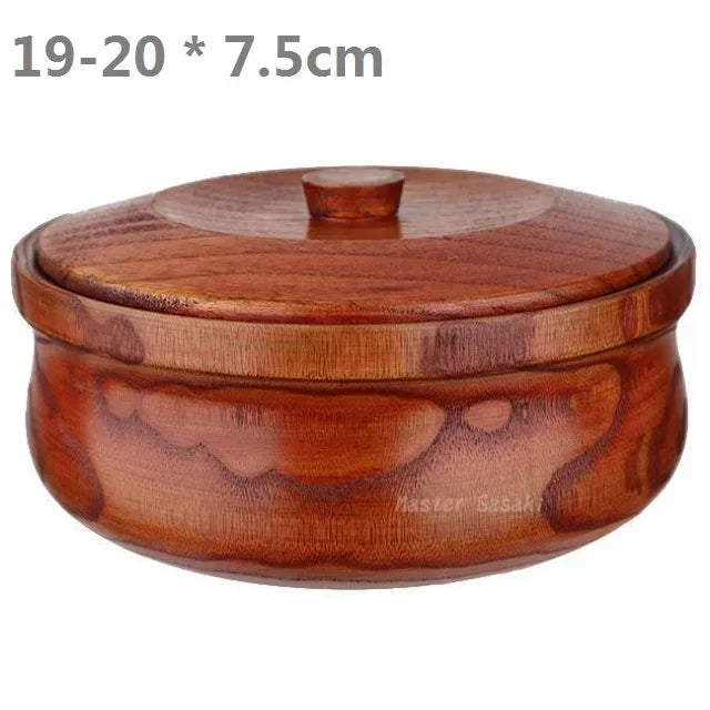 Solid wooden bowl with lid wooden salad reusable serving for salad fruits cereal soup rice everyday use durable - 19-20