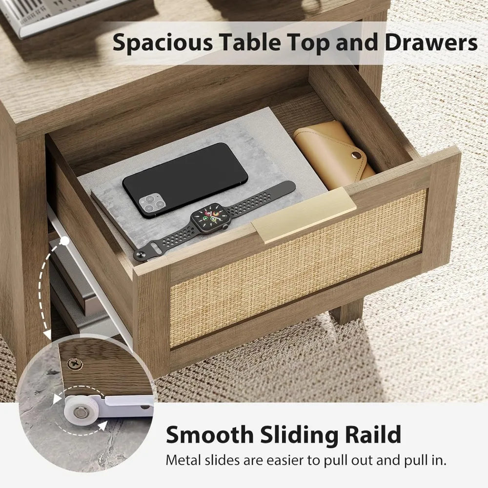 Boho farmhouse rattan nightstand set of 2 caramel oak finish with drawer and shelf bedside tables