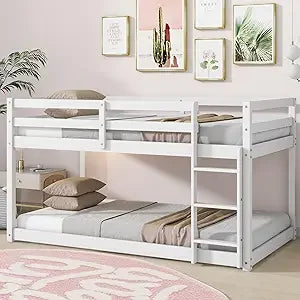 Low bunk beds twin over floor bed frame junior loft for kids boys girls teens natural - white with ladder / united