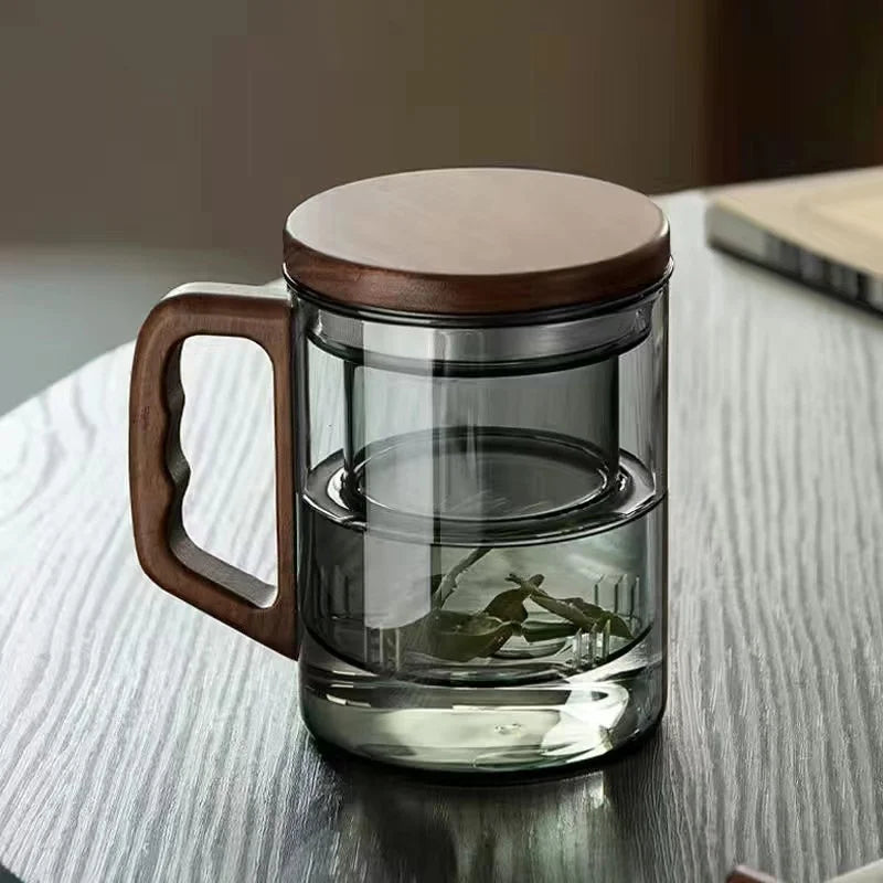 400ml walnut wooden handle glass tea cup with infuser filter flower water separation scented mug drinkware - black