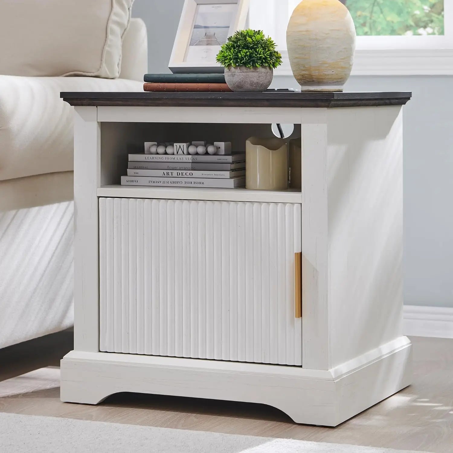 Fluted nightstand with charging station 22’’ large modern side table wood end w/open shelf & spacious tabletop bedside