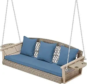 Homrest 3-person wicker porch swing with upgraded cup holder 55 inch patio hanging bench chair cushions 900lbs capac