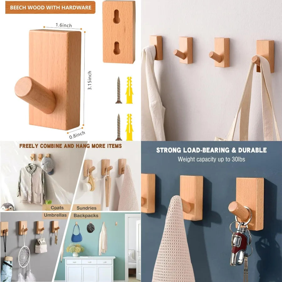 Wood coat hooks wall mounted 4 pack heavy duty natural beech for hanging robe towel and hat in bathroom bedroom