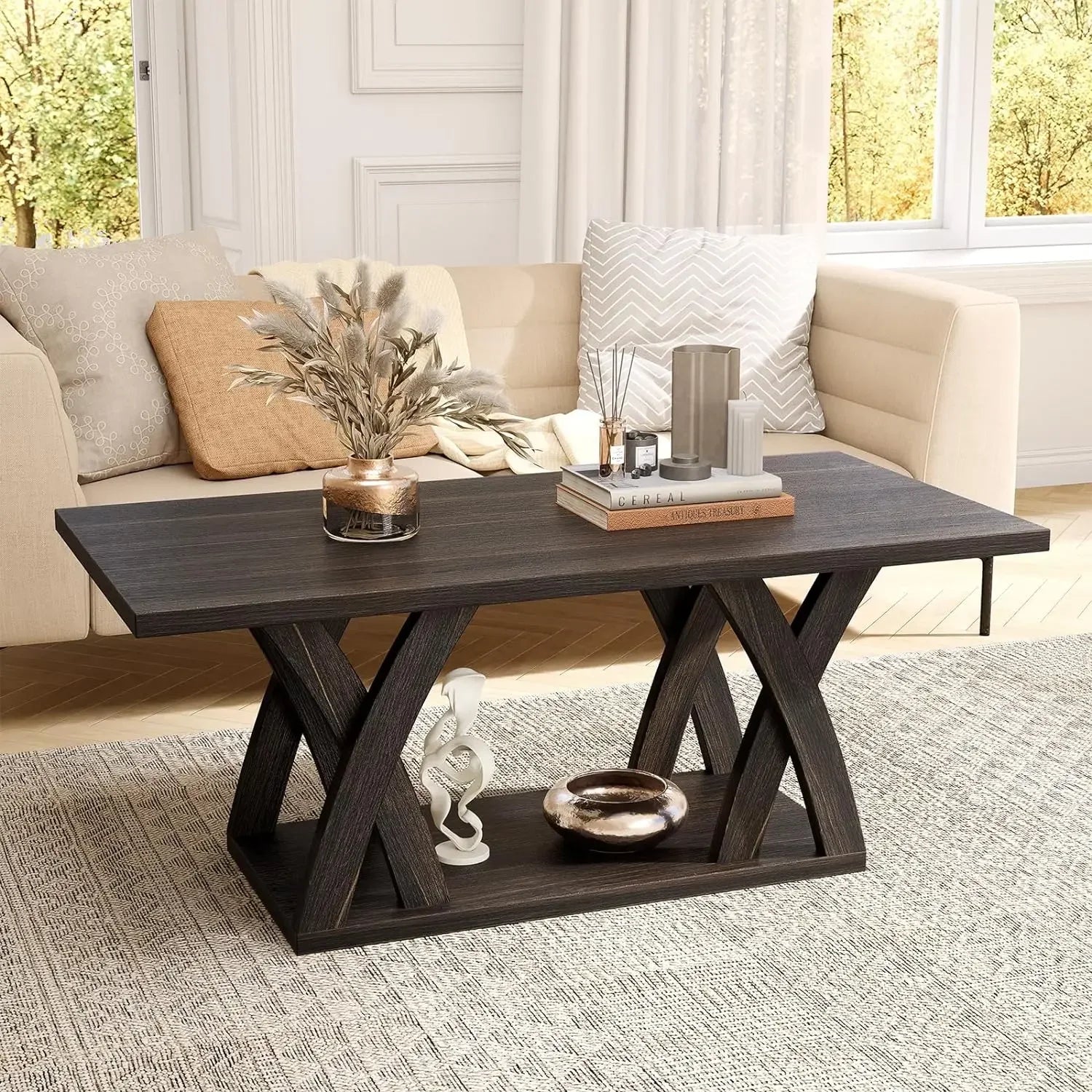 Farmhouse coffee table with shelf wood for living room open display area,47” grey - brown / united states