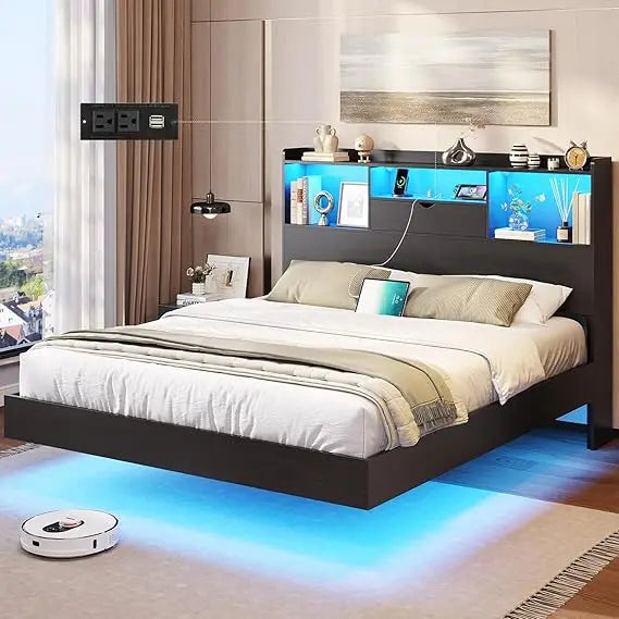 Dictac queen floating bed frame with led lights and headboard storage visual charing station size meta - united states