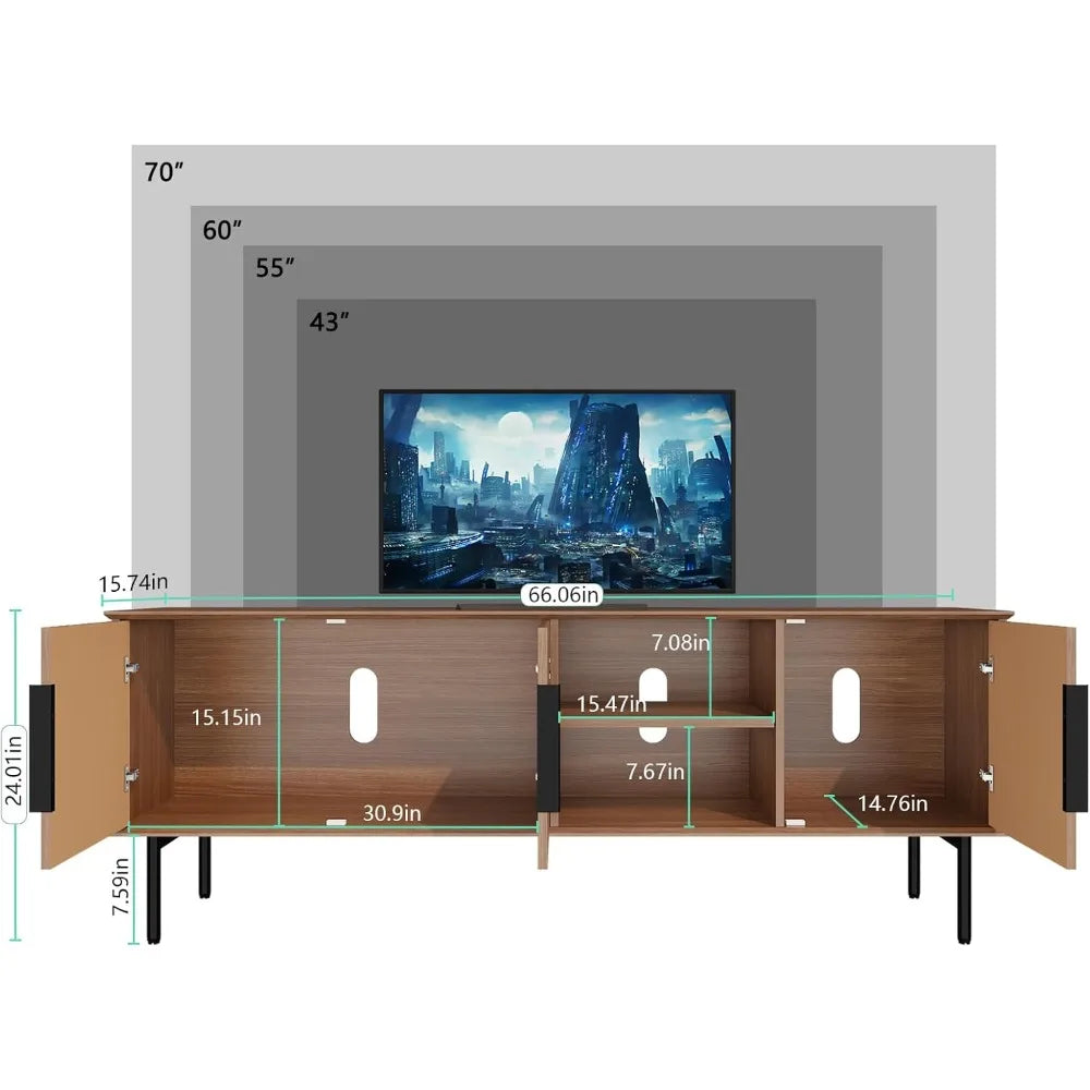 66’’ modern tv stand for 55/60/70 inch tv,mid century entertainment center with storage cabinet and adjustable shelf