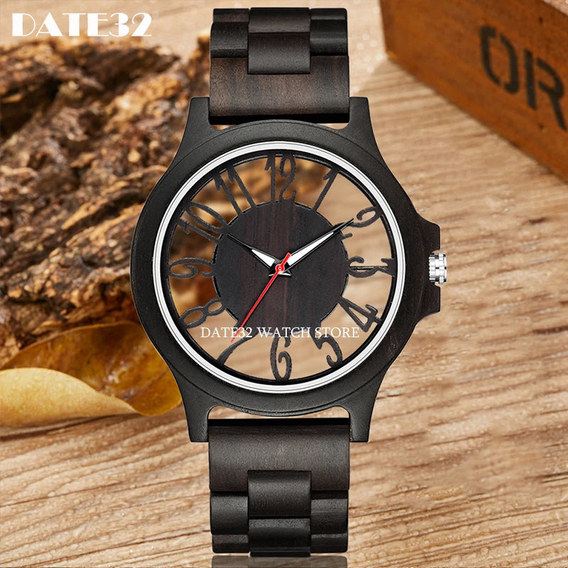 Natural bamboo wood watch for men full-wooden hollow case band watches man quartz wristwatch real wooden clock male