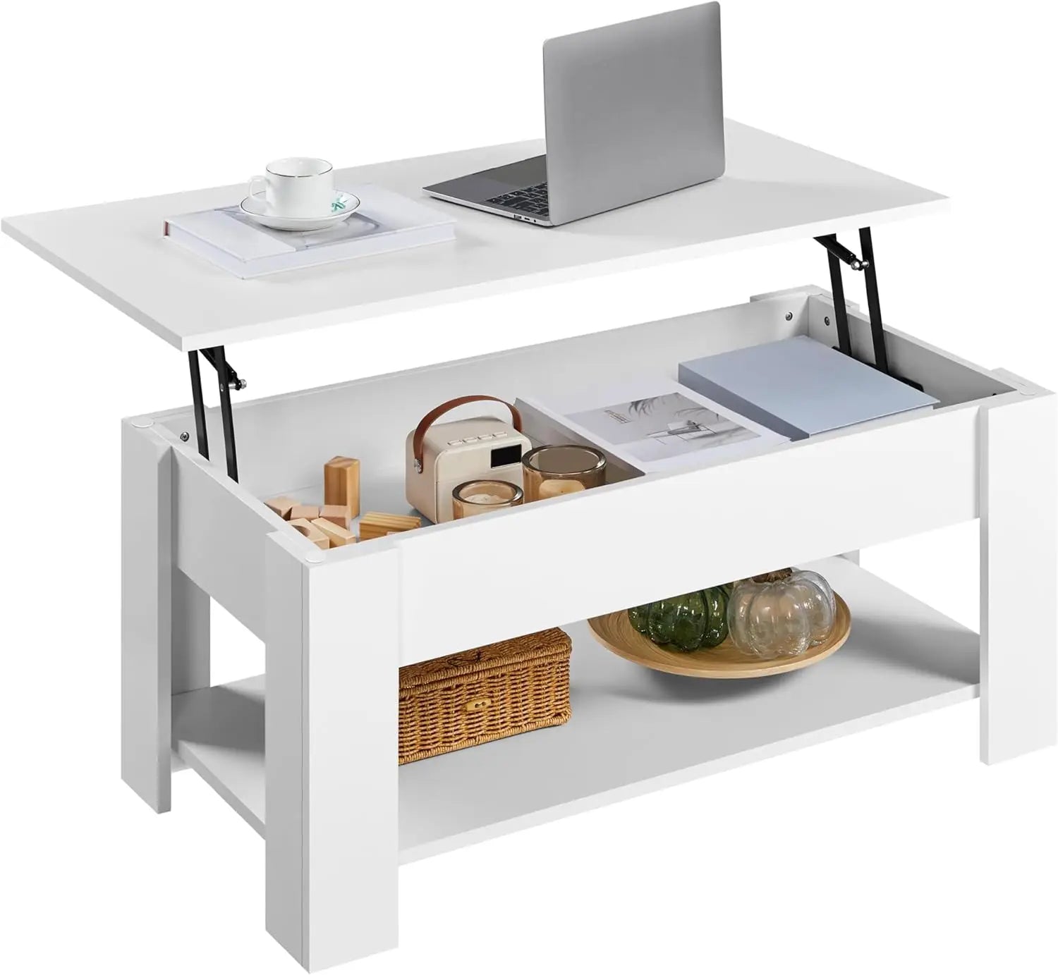 Wooden coffee table lift top with large hidden storage shelf tabletop dining tables for living room - white / united