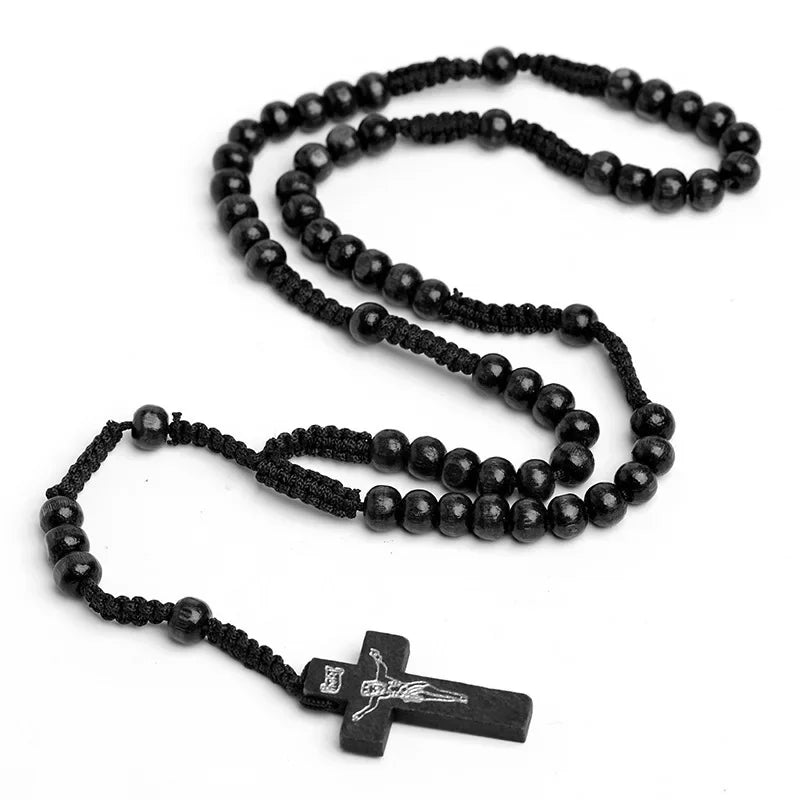 Yupsk catholic wood beads rosary necklace for women cross pendant hand braided rope chain men religious prayer jewelry