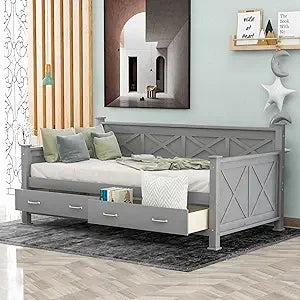 Merax twin size daybed with 2 large drawers and x-shaped frame modern rustic casual style wood slat support no box