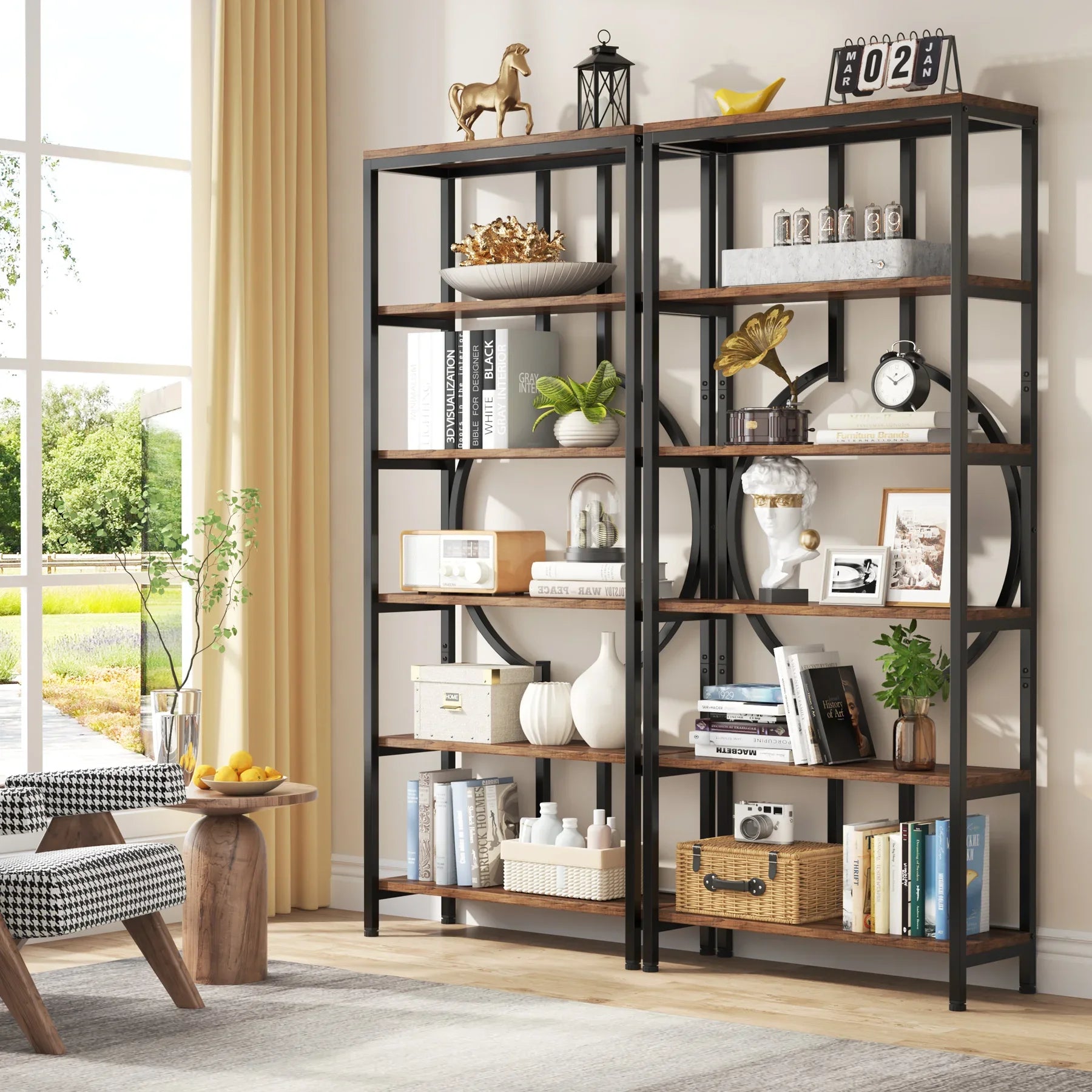 Tribesigns industrial bookshelf tall bookcase with open shelves wood and metal display shelf storage