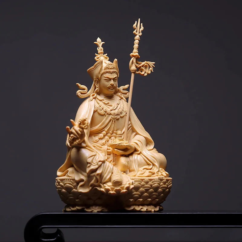 Wood carved padmasambhava statue guru rinpoche tibetan buddhism sculpture for home or shrine decor - light grey