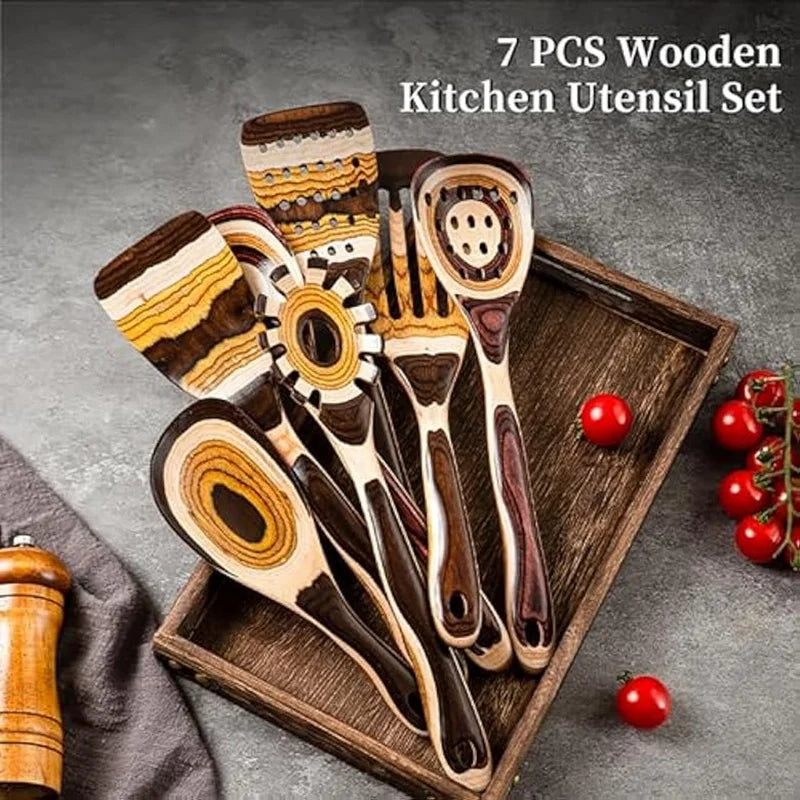 7pcs pakkawood utensils set- eco-friendly wooden spoon for cooking utensil