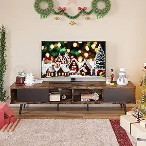 Mid century modern tv stand for 85 inch tv entertainment center with storage and sliding doors 2 in 1 long cabinet liv