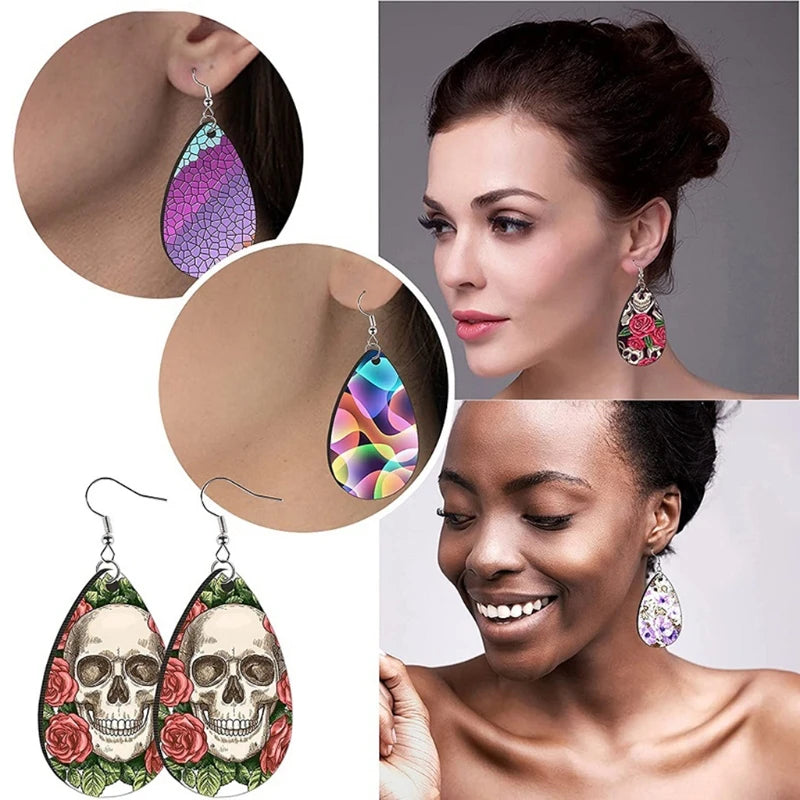 Free shipping 50pairs/lot teardrop double sides sublimation wooden trendy fashion hoop earrings for women girl diy