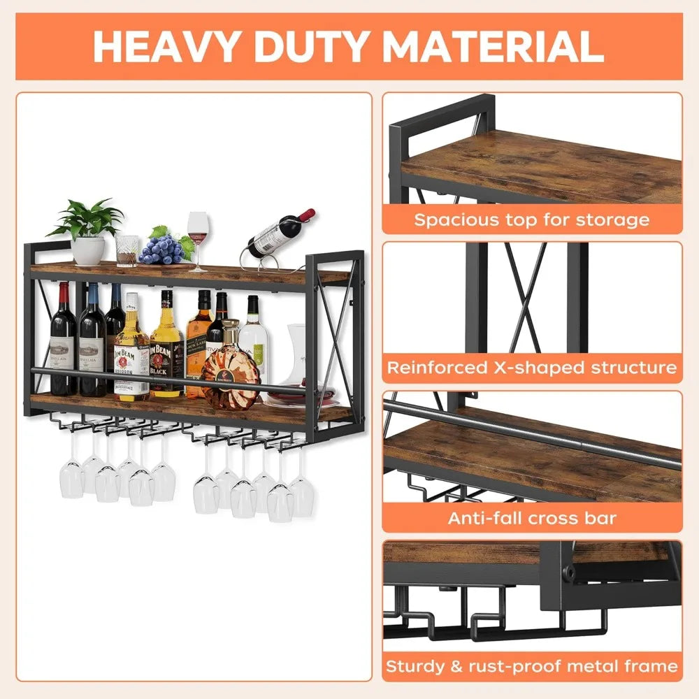 Rustic wall-mounted wine rack with bottle and glass storage for kitchen display - united states / brownblack