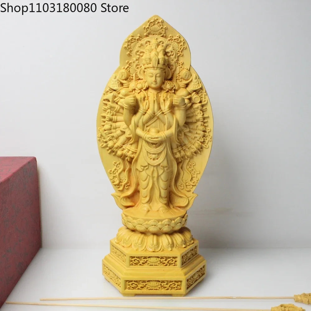 20cm boxwood carving heart sutra thousand-hand kwan-yin guanyin buddha statue large size wooden - h20cm - religious