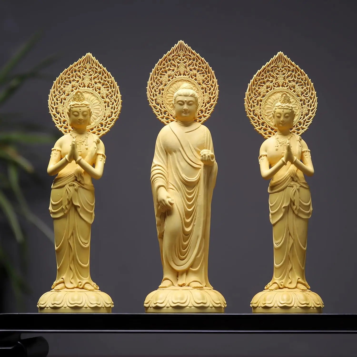 Handcrafted boxwood western three saints buddha statues – amitabha manjushri and samantabhadra wooden sculptures