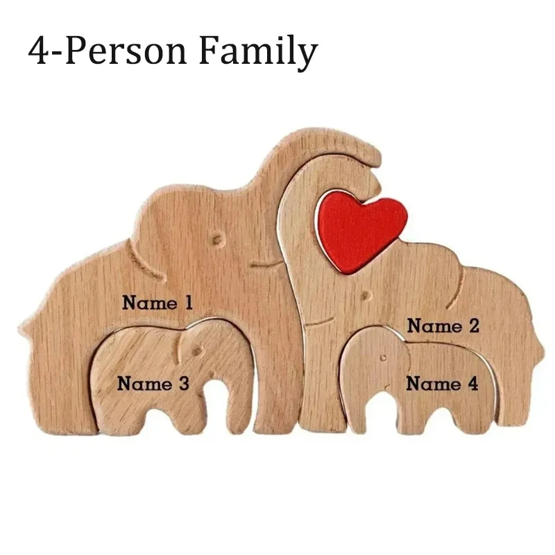 Personalized elephant family wooden puzzle love animal wood custom name sculpture free engraving decor gifts - 4pcs