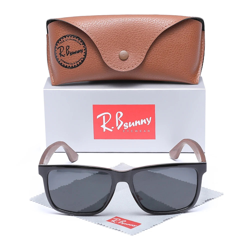 Rbsunny wood sun glasses man natural walnut sunglasses women eyeglasses polarizing uv protection eyewear - brightblack